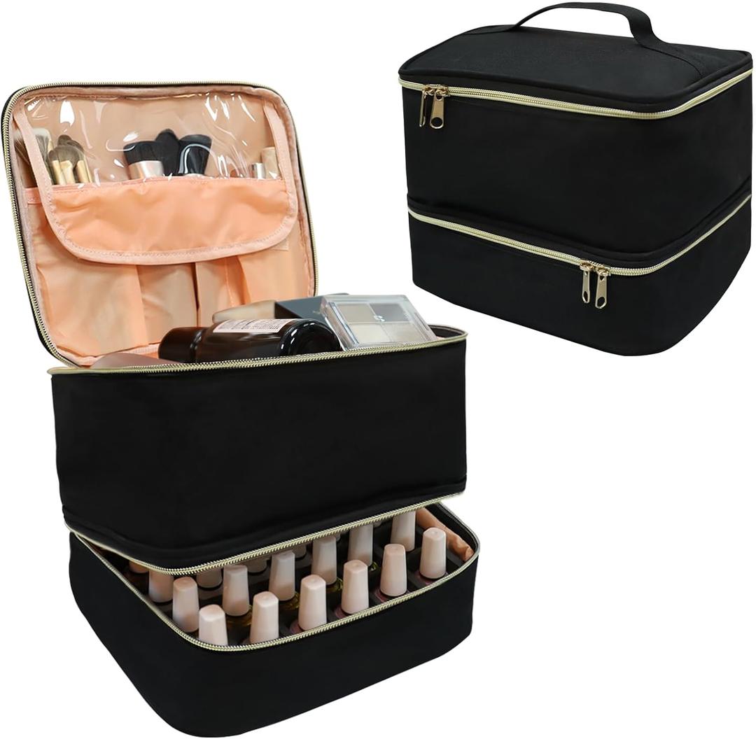 Nail Polish Organizer Case Double-Layer Nail Supplies Organizer Bag Holds 30 Bottles & Nail Lamp, Professional Nail Kit Storage Carrying Case (Black)