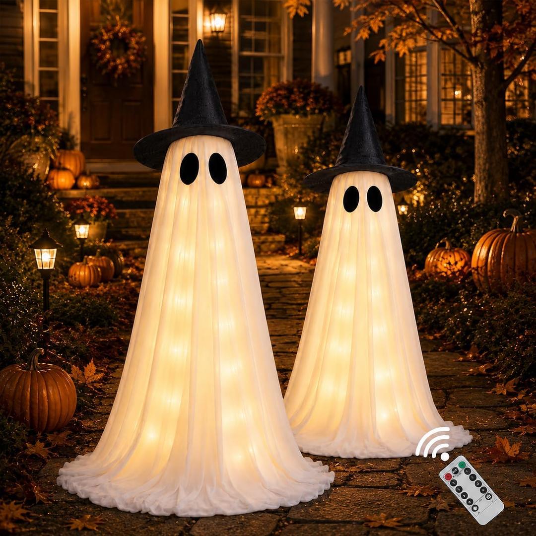 Halloween Decorations Outdoor, 2 Pack 4.9 FT Light Up Ghost Decoration with Witch Hat, Battery-Powered Controlled String Light, Halloween Ghost Yard Decor for Porch, Lawn, Garden, Patio, Haunted House
