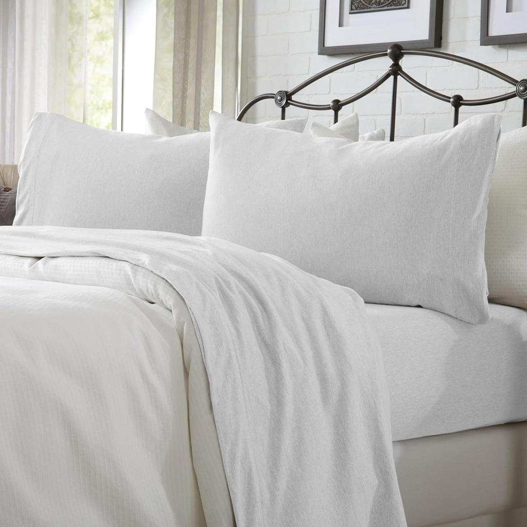 Great Bay Home Cotton Jersey Knit Queen Sheet Set - Ultra-Soft, Stretchy, Heathered Melange White Bed Sheets - Cozy, Soft T-Shirt Sheet & Pillowcase Set