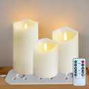 Rechargeable Flameless Candle, Flashing LED Pillar Real Wax Candle with Remote Control and Timer, Decorative Electronic Candles, 1 Set of 3 (White-Droplet, 3Pcs)
