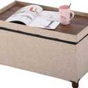 30 Inches Storage Ottoman Bench, Storage Bench with Wooden Legs for Living Room Ottoman Foot Rest Removeable Lid for Bedroom End of Bed, Linen Fabric, Folding Beige Ottoman