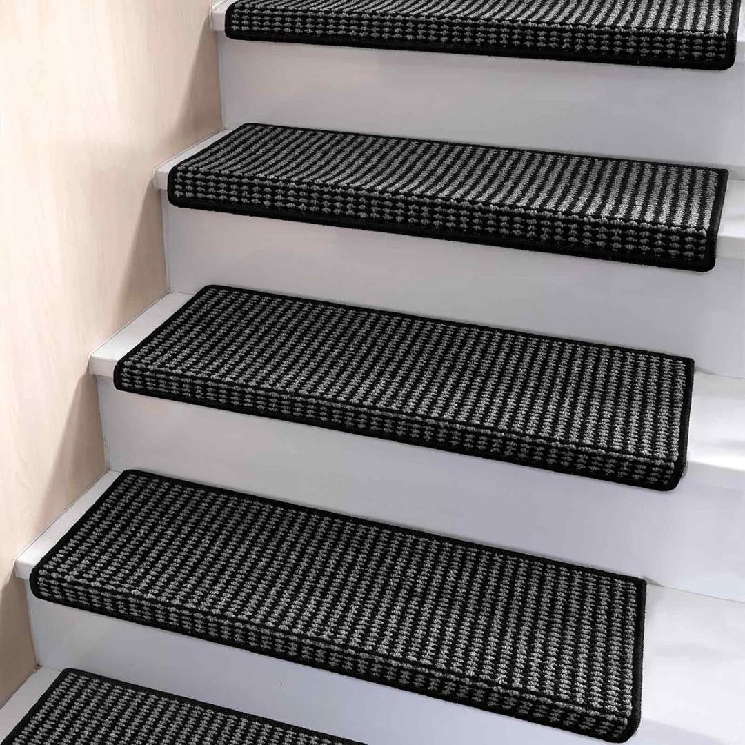 Bullnose Carpet Stair Treads, Non Slip Stair Treads for Wooden Steps Indoor, Stair Runner, Soft Stair Rugs for Pets, Edging Stair Protectors, Washable, 29.5"x9.5"x1.5" 2pcs, Black Grey