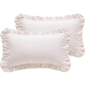 2 Pcs Classic White Lumbar Throw Pillow Cover 12"x20", Solid Color Cottage Linen Cotton Decor Pillow Cover with Ruffles,Sturdy Rectangle Throw Pillow Case for Couch Sofa Bed Living Room