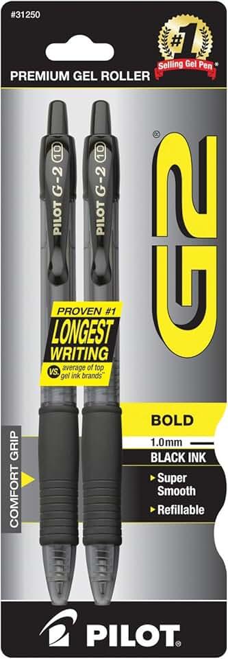 Pilot G2 Premium Gel Pens, Black Pens, Bold Point 1 mm, 2 Black 6 Pack