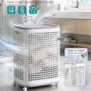 SONGMICS Laundry Hamper with Wheels, Plastic Laundry Basket, 19.8 Gallons (75 L), Slim Storage Basket, for Bathroom, Bedroom, White and Gray URLH020WG01