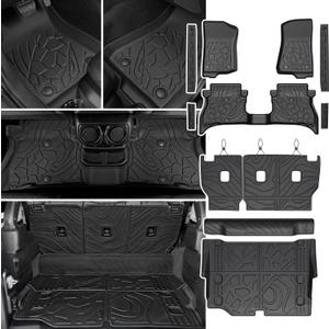 Floor Mats Set for Jeep Wrangler JL 4XE 2021-2026 4-Door (Not fit JK/GAS/2-Door), All Weather TPE Backrest Mat Trunk Mat Cargo Liner Door Sill Guards Accessories (21-26 | JL 4XE | Floor Mats Set)