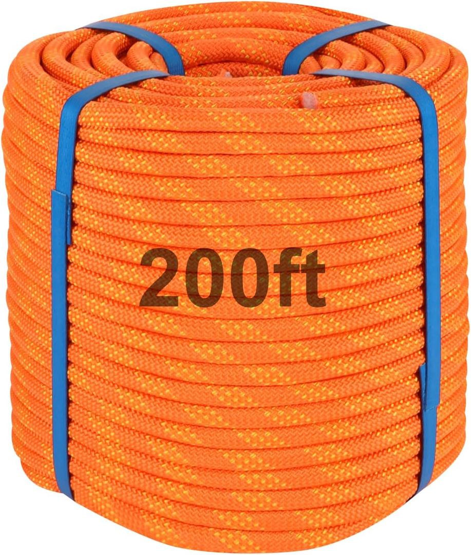 200ft 3/8 Inch Climbing Rope, Heavy Duty Arborist Rope, Nylon Rigging Rope for Tree Work, Bull (Orange)