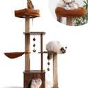 FUKUMARU Cat Tree, 4 in 1 Large Modern Cats Tower with Jute Scratching Post and Hammock, Wood Cat Condo with silvervine Balls, Brown Cat Climber Stand Playhouse for Indoor Cats, Retro Style