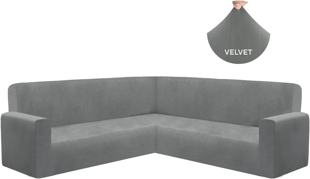 HDCAXKJ Velvet L Shaped Sectional Couch Covers Soft Stretch Sofa Slipcovers U Shaped Furniture Protector for Pets Fits Well Non-Slip Universal Corner Sofa Cover for Living Room (Gray, Large) (Grey)