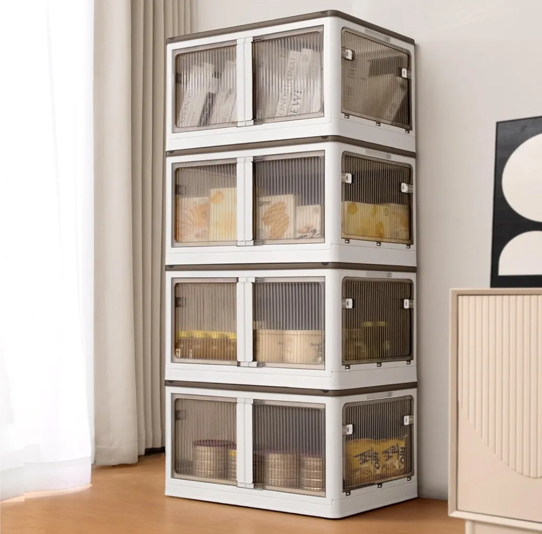 Homeforce Plastic Storage Containers with Lids, 21 Gal/84 Qt Large Clothes Organizers and Storage Bins for Closets, Plastic Stackable Storage Bins with Open Front Door, 4 Pack Cubes White