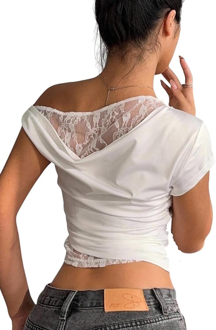 Verdusa Women's Lace Top Off The Shoulder Elegant Crop Shirts Going Out Tops (Large, White)