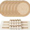 YANGQIHOME Boho Placemats Set of 6, Farmhouse Rustic Woven Placemats for Dining Table Decor, Handmade Braided Place Mats in Natural Cotton Jute and Water Straw for Kitchen Table