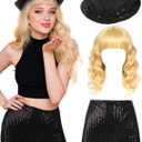 3 Pcs Halloween Singer Costume Wavy Blonde Wig Sequins Fedora Hat Shorts for Party Cosplay Music Festival Concert (Medium)