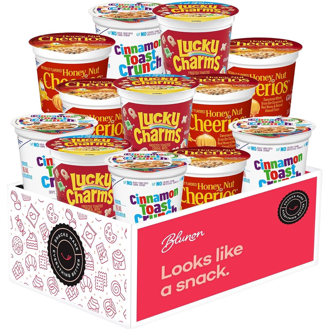 Cereal Cups Variety Pack, Single Serve Individual Breakfast Cereal, 12 Pack | Honey Nut Cheerios, Lucky Charms, Cinnamon Toast Crunch, Single-Serve Portions, On-The-Go Breakfast, Care Package, Gift Box (EXP 08/01/27)