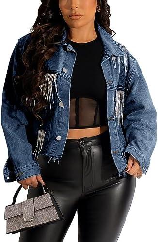 HTD Women's Cropped Jean Jacket Button Up Long Sleeve Ripped Distressed Denim Jacket Frayed Hem, Size S