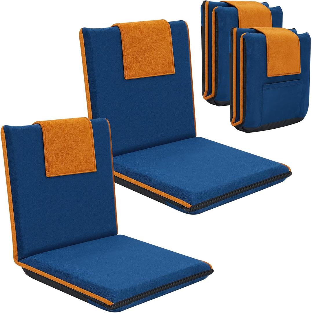 2 Pcs Floor Chair with Back Support Padded Floor Seating Portable Floor Seat Meditation Cushion Adjustable Fully Folding Backrest for Adult Kid Gaming Linen Washable Cover, Nylon Bottom (Blue, Khaki), 38.98 x 18.9 x 3.15 inches