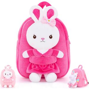Gloveleya Kids Backpack Girl Backpack Toddler Girl Backpacks with Stuffed Bunny Toy Rose Red 9''