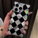 Checkered Magnetic Case for iPhone 14 Pro Max | Magsafe Compatible, Aesthetic Rectangular Diamond Checkerboard, Iridescent Glitter Sparkle, Black Silver