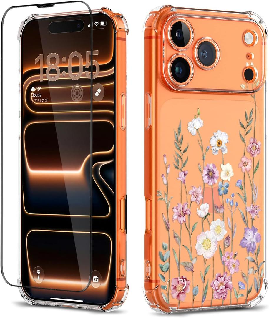 for iPhone 17 Pro Max Case with Screen Protector [Full Camera Protection] Flower Pattern Design,Clear Soft Shockproof Floral Phone Cover for Women Girls 2025 6.9"(Blooming Flowerets)