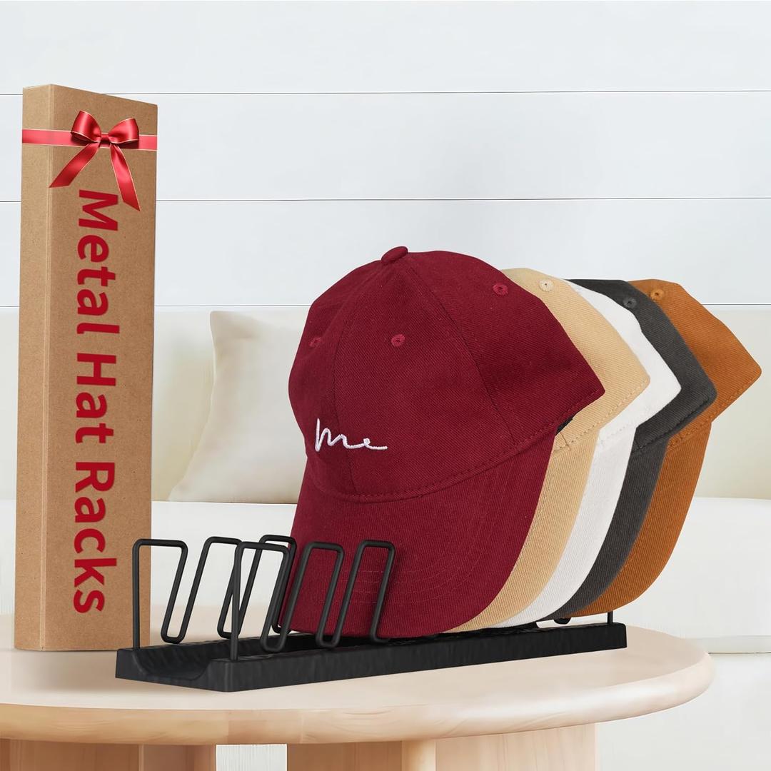 7-Cap Baseball Hat Organizer & Storage | Tabletop Metal Hat Rack Stand for Closet, Dresser, Vanity | Snap Assembly Cap Holder, Black Space-Saving (1-Pack)