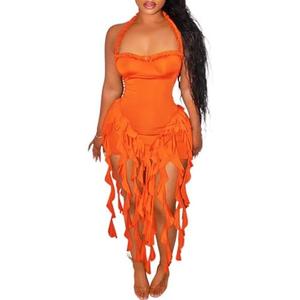 Ecirod Womens Summer Ruffle Fringe Mini Dress Sexy Halter Backless Cocktail Party Short Bodycon Tassel Dresses, S Ecirod Womens Summer Ruffle Fringe Mini Dress Sexy Halter Backless Cocktail Party Short Bodycon Tassel Dresses, S