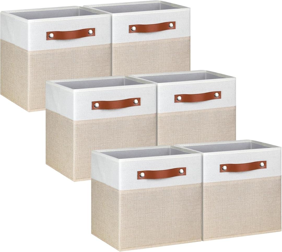 11 Inch Cube Storage Bin - 6 Pack - Linen Fabric 11x11 Cube Storage Bins for Bedroom, Living Room, Clothes and Toys; Foldable, Dual Leather Handles