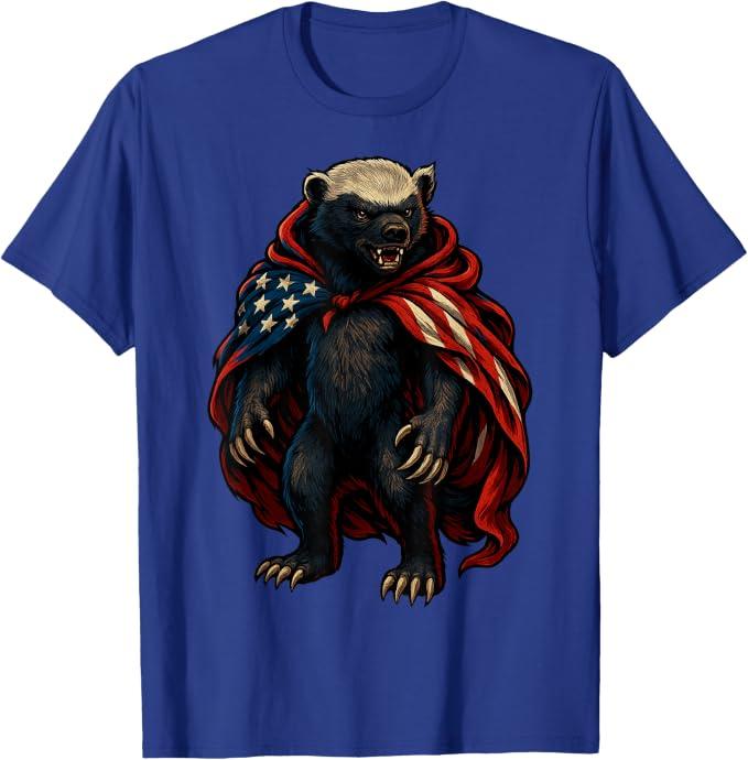 Fun Patriotic Honey Badger American Flag USA Animal Design T-Shirt (Blue, XXXL)