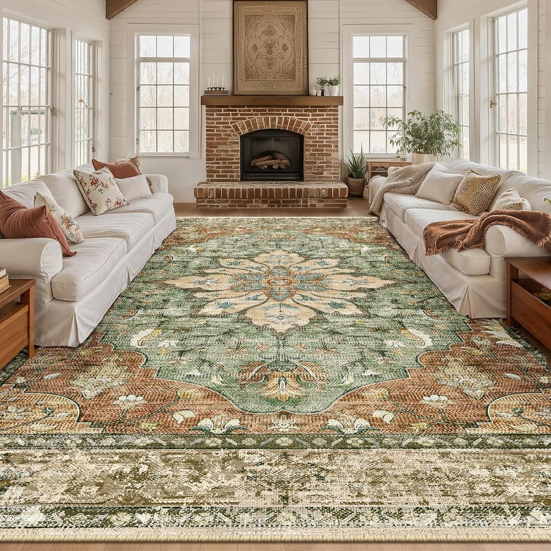 RELEANY Area Rugs 9'x12' Washable Non-Slip, Floral Vintage Distress Print Pattern Medallion Carpet for Living Room Bedroom Dining Room, Brick Red Rust Neutral Brown Burnt Orange Green