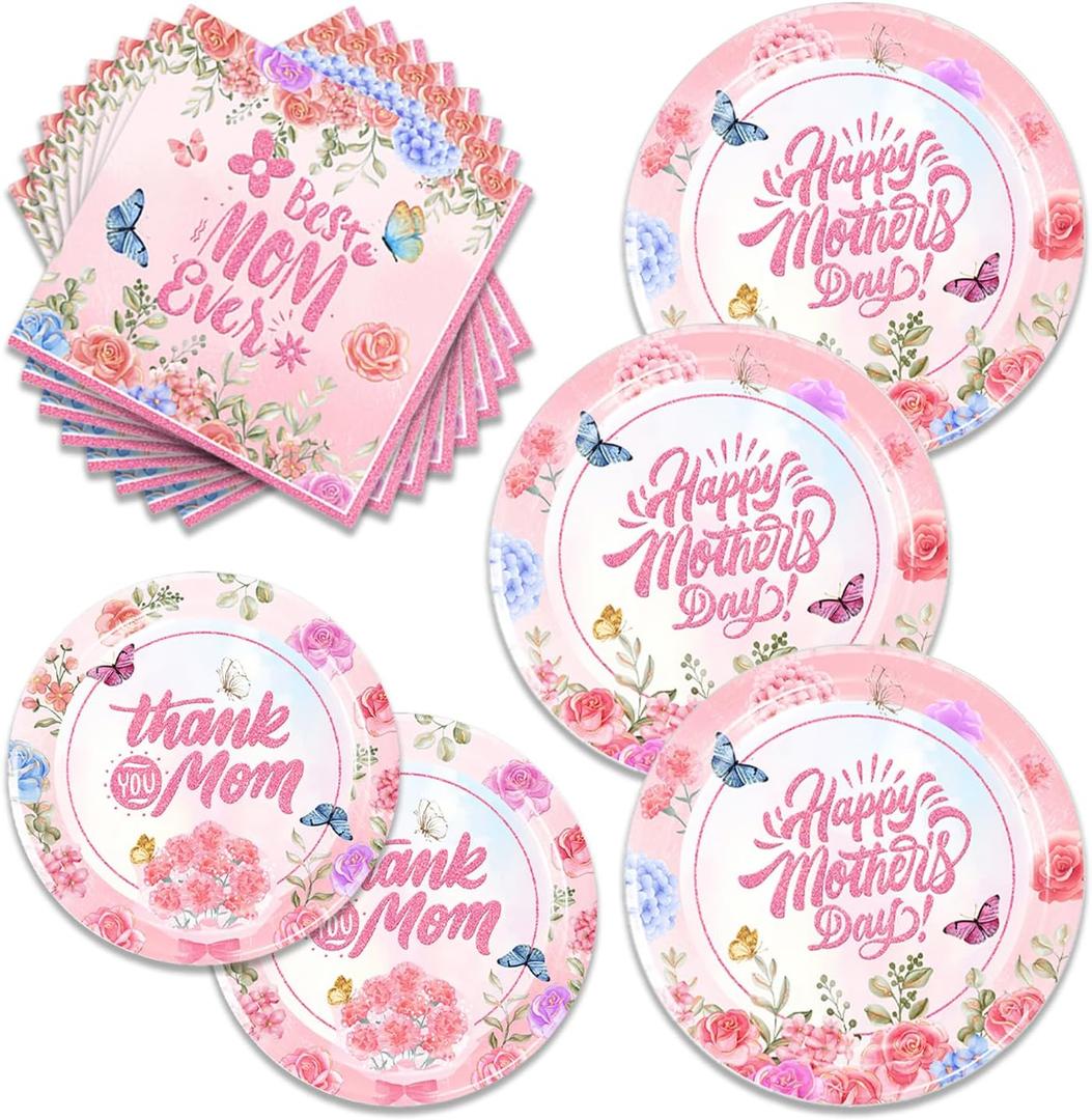 Egami 48pcs Mother's Day Party Supplies,include 24 dessert plate, 24 Napkin,Used for Mother's Day Birthday Party Decoration
