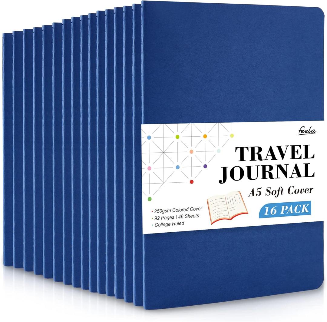 feela 16 Pack Soft Cover Journal Bulk, Lined Notebooks College Ruled for Work for Women Girl Writing, Blank Travel Journal Note Taking Notebook School Business Supplies, 8.2 x 5.5, A5, Navy
