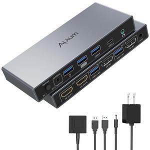 Alxum Displayport KVM Switch 1 Monitors 1 Computers,4K 60Hz KVM Switch Display Port with 4 USB 3.0 Port,2 in 2 Out DP KVM Share Dual HDMI Monitors Keyboard Mouse Printer,Wired Remote