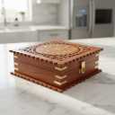 Wooden Spice Box 7x7 Inch Decorative Masala Dabba Organizer with Glass Lid, 4 Fixed Compartments, Spice Storage Container, Ideal for Seasonings and Herbs