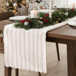 Bunny Chorus Christmas Table Runner: Faux Fur Table Runner 12 x 72 Inch, Furry Farmhouse Table Runners with Stripe Textured Pattern, Soft Off White Boho Decorations for Home Kitchen Xmas Party Gifts