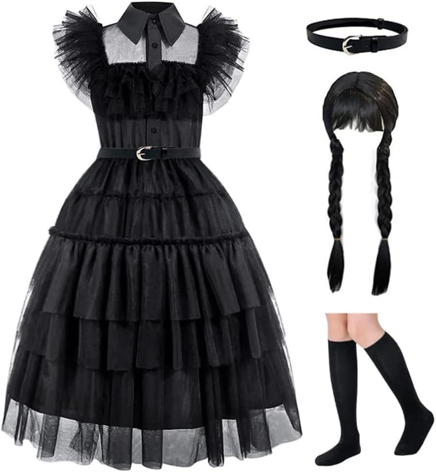 Black costume girls dress for Kids Black Family Costumes Halloween costumes girls Party Dress 4-13Y (11-12 years, Black (Dress+Belt+Hair+Socks)