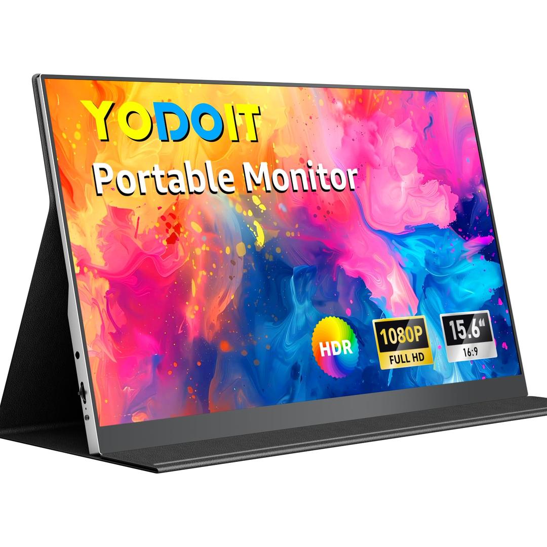 Yodoit Portable Monitor for Laptop, 15.6" 1920×1080 Travel Screen FHD IPS Display with USB Type C Port, Speakers and Smart Cover Compatible with PC, MacBook, Xbox (Black)