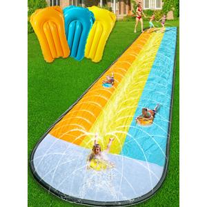 Slip and Water SlipWater Slide for Kids Backyard 22ft*3 Lane Color-Block,Surrounding Sprinkler Summer Toys for Kids Outdoor with 3 Bodyboards (Greenyelloworange)