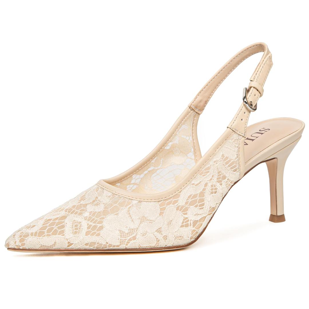 SUIARA Beige Lace Wedding Heels for Women Bridal Kitten Heels Mesh Slingback Bride Shoes Closed Pointed Toe Dressy Pumps. 5.5 Size