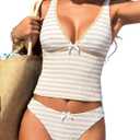 ZAFUL Women's Tankini Swimsuits V Neck Tummy Control Bow Color Block Two Piece Swimsuit Bathing Suit