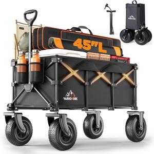 Beach Wagon with 10x3.5 Big Rubber Wheels for Sand, 400lbs Heavy Duty 220L Collapsible Utility Wagon, Easy Transport & Storage, Ideal for Sport, Camping, All-Terrain Outdoor Activities, Black (31" x 19")