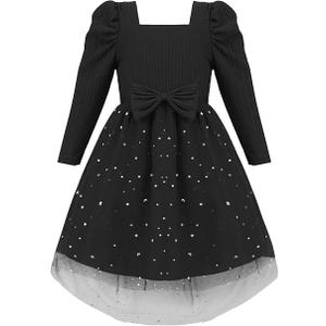 Renotemy Toddler Girl Tutu Dresses Fall Winter Puff Long Sleeve Sequin Dress Princess Birthday Party Dress for Girl 7-8Y