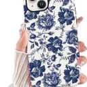 Cute Retro Blue Flowers Floral Phone Case for iPhone 13 / iPhone 14 Case 6.1", Coquette Trendy Pattern Print Design Phone Cover Hard PC Shockproof Soft TPU 2-in-1 Matte Funda for Girls Women