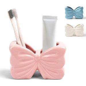 Bow Toothbrush Holder 2-Slot Toothbrush and Toothpaste Holder Cute Toothbrush Holder Set, Bathroom Counter Organizer for BathroomElectric Toothbrushes, Floss, Razors - Pink