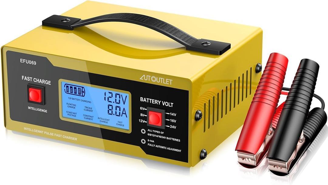 AUTOUTLET Upgraded 6/8/12/14/16/24V Battery Charger Automotive Smart Car Battery Charger and Trickle Maintainer 0-10A Fully Automatic with Cable Clamps (Yellow)