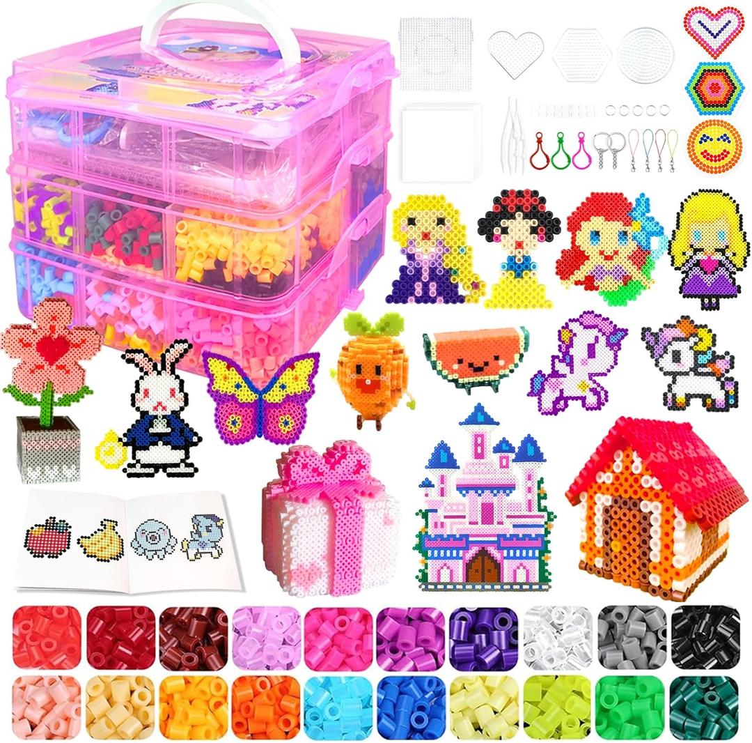 Fuse Beads Kit for Kids - 11000 Fuse Beads, 20 Colors 5mm Bead Craft Set with Storage Box, Pegboards, Ironing Paper and Accessories, Arts and Crafts Set Toys Gifts for Girls & Boys Birthday Christmas (Pink)