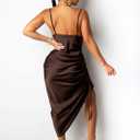 Women's Spaghetti Strap Satin Dress Sexy Backless Drawstring Ruched Split Hem Cocktail Evening Party (Brown, XXL)