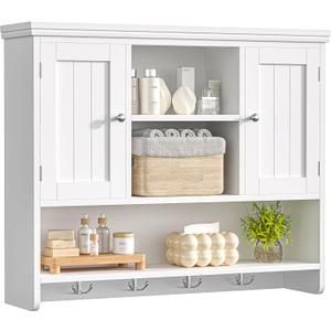 Keehusux 31.5" W Large Bathroom Wall Storage Cabinet with 2 Doors and 4 Hooks, Modern Medicine Cabinet with 3 Open Shelves, Wooden Wall Mounted Bathroom Cabinet for Kitchen, Living Room, White, 31.5"W x 7.9"D x 25.6"H