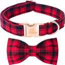 Tunkoo Christmas Dog Collar with Bow Tie - Super Cute Red Cotton Plaid Pet Collar, Adjustable in Small Medium Large for Girls Boys Dogs, M