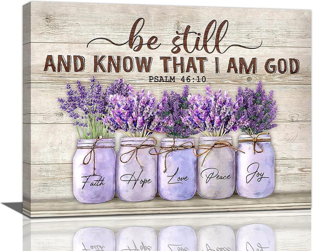 Farmhouse Lavender Bathroom Flower Decor Wall Art Be Still And Know That I Am God Rustic Floral Purple Pictures Wall Decor Christian Religion Canvas Painting Prints Artwork Framed for Bedroom 20"x16"