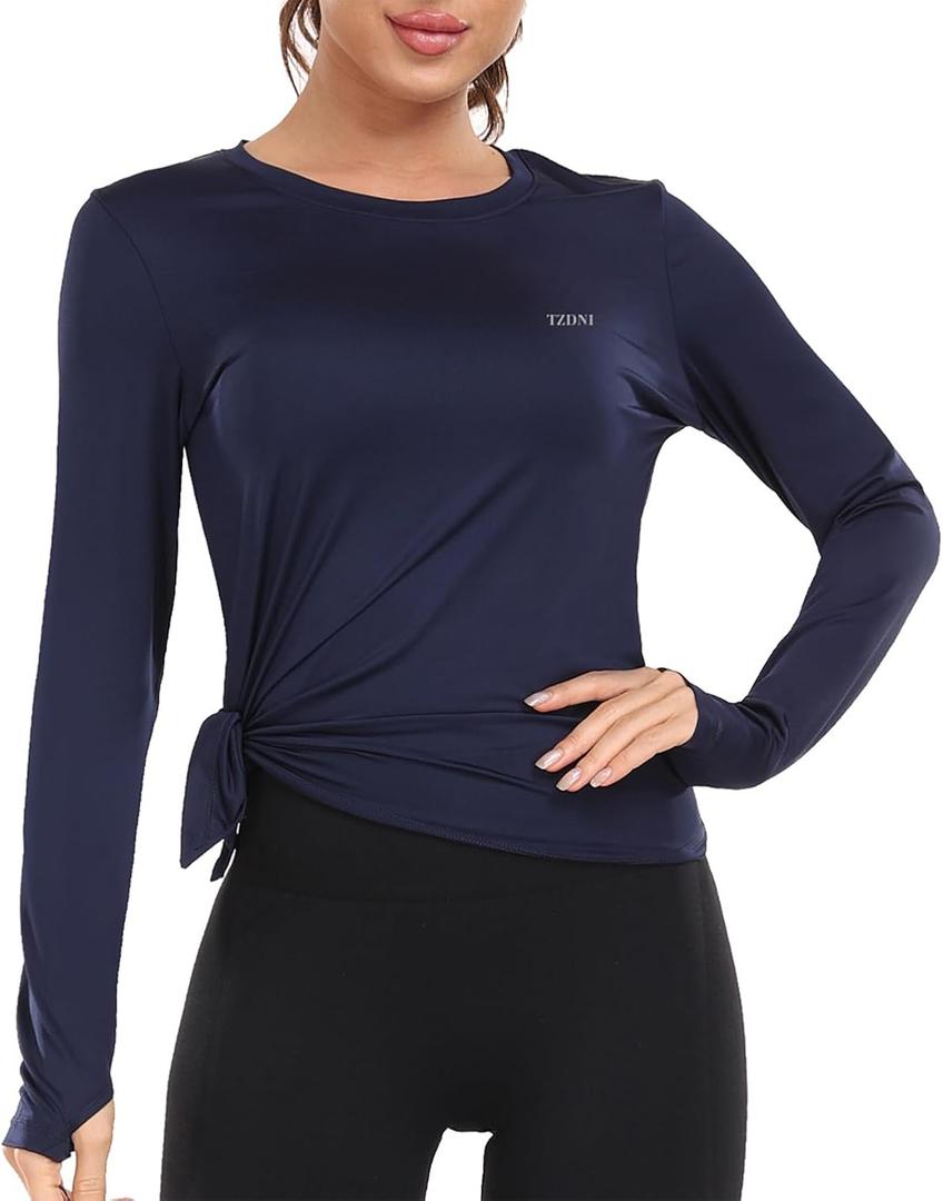 Long Sleeve Workout Tops for Women UPF 50+ UV Protection Sun Shirts Quick Dry for Running Hiking with Thumb Hole (Small, Navy Blue(slit Hem))