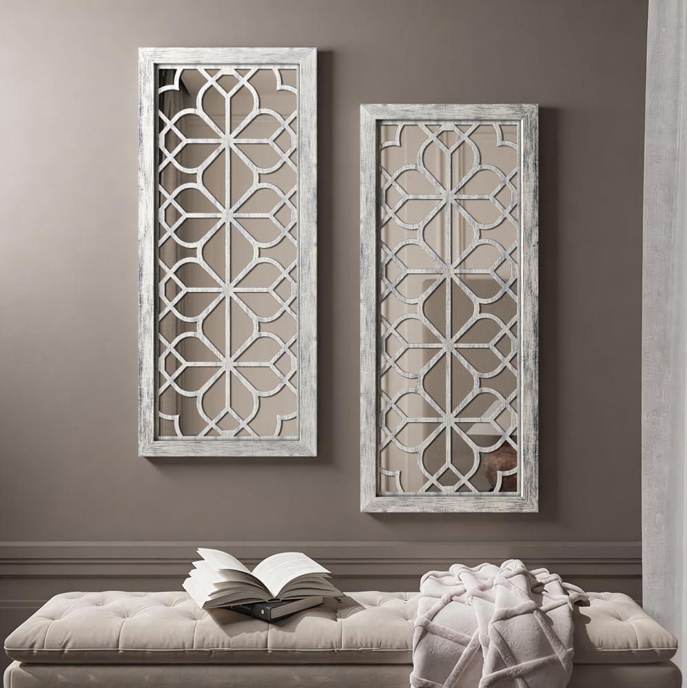 Set of 2 13x30 Inch Large Grey Shatterproof Carved Floral Wood Frame Wall Mirrors, Boho Farmhouse Rustic Accent Mirrors for Living Room Bedroom Bathroom & Home Decor